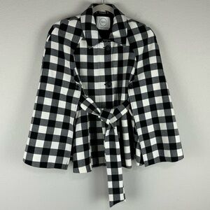 1901 Women’s Buffalo Check Black White Zipper Closure Bell Sleeve Belt Cape
